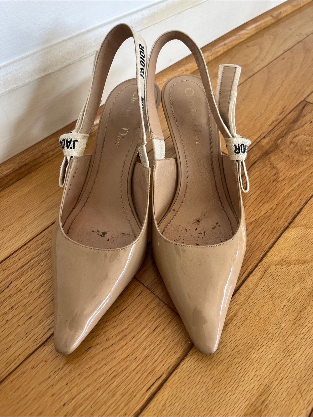 Dior Beige Patent Leather Slingback Pumps with J'Adior Strap
